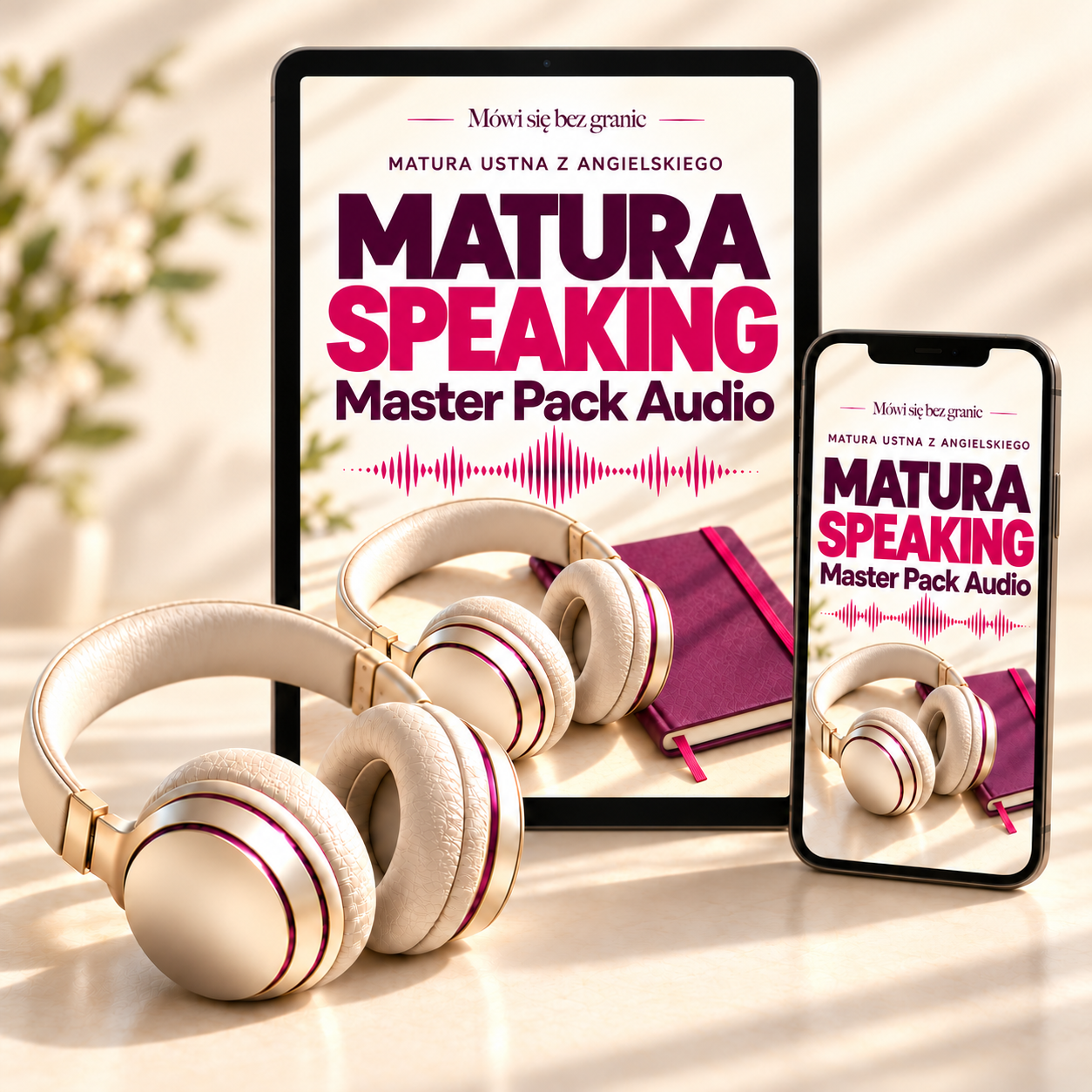 Matura Speaking Master Pack Audio na tablecie i telefonie ze słuchawkami